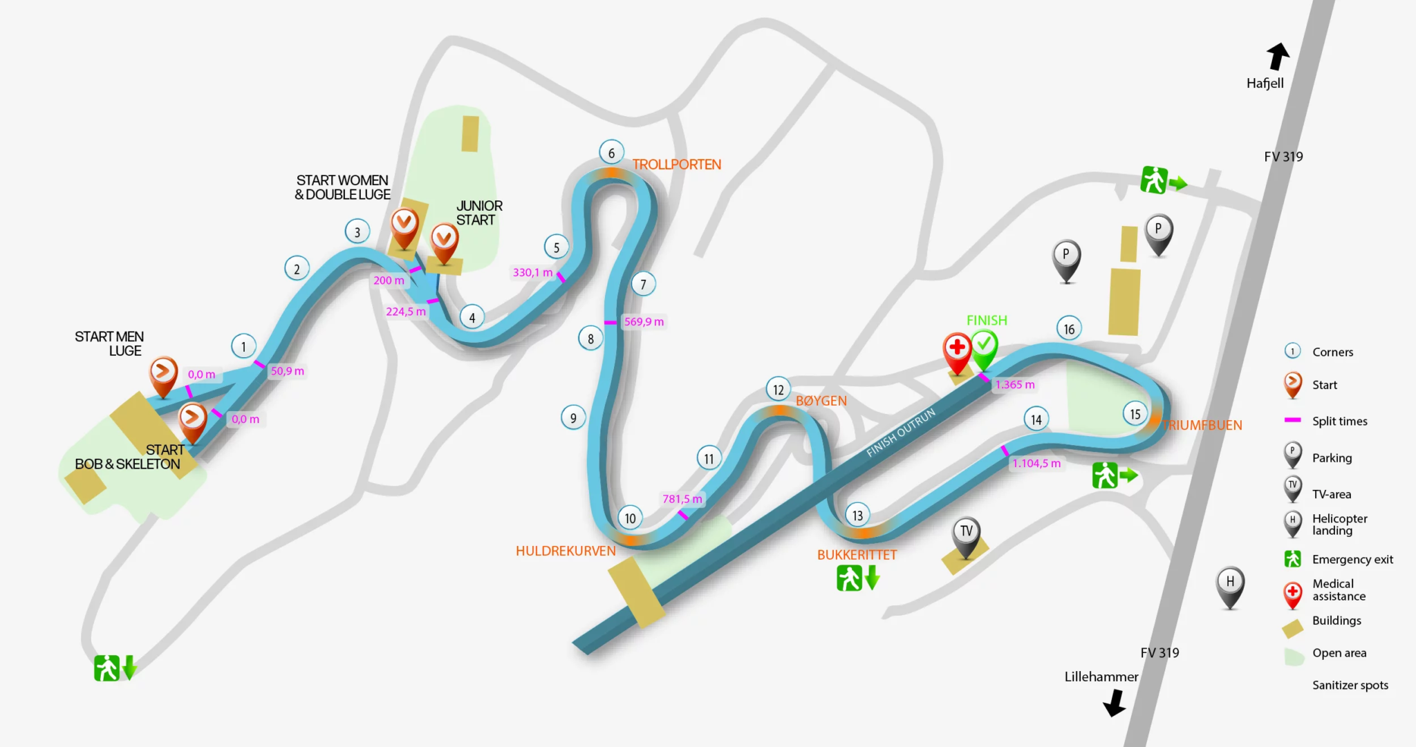 Olympiaparken track map showing the numbered curves of the Lillehammer bobsled course