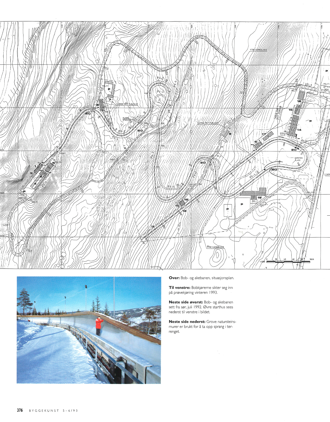 1993 architectural site plan of the Lillehammer bobsled track, with bends, terrain contours, and a scale bar