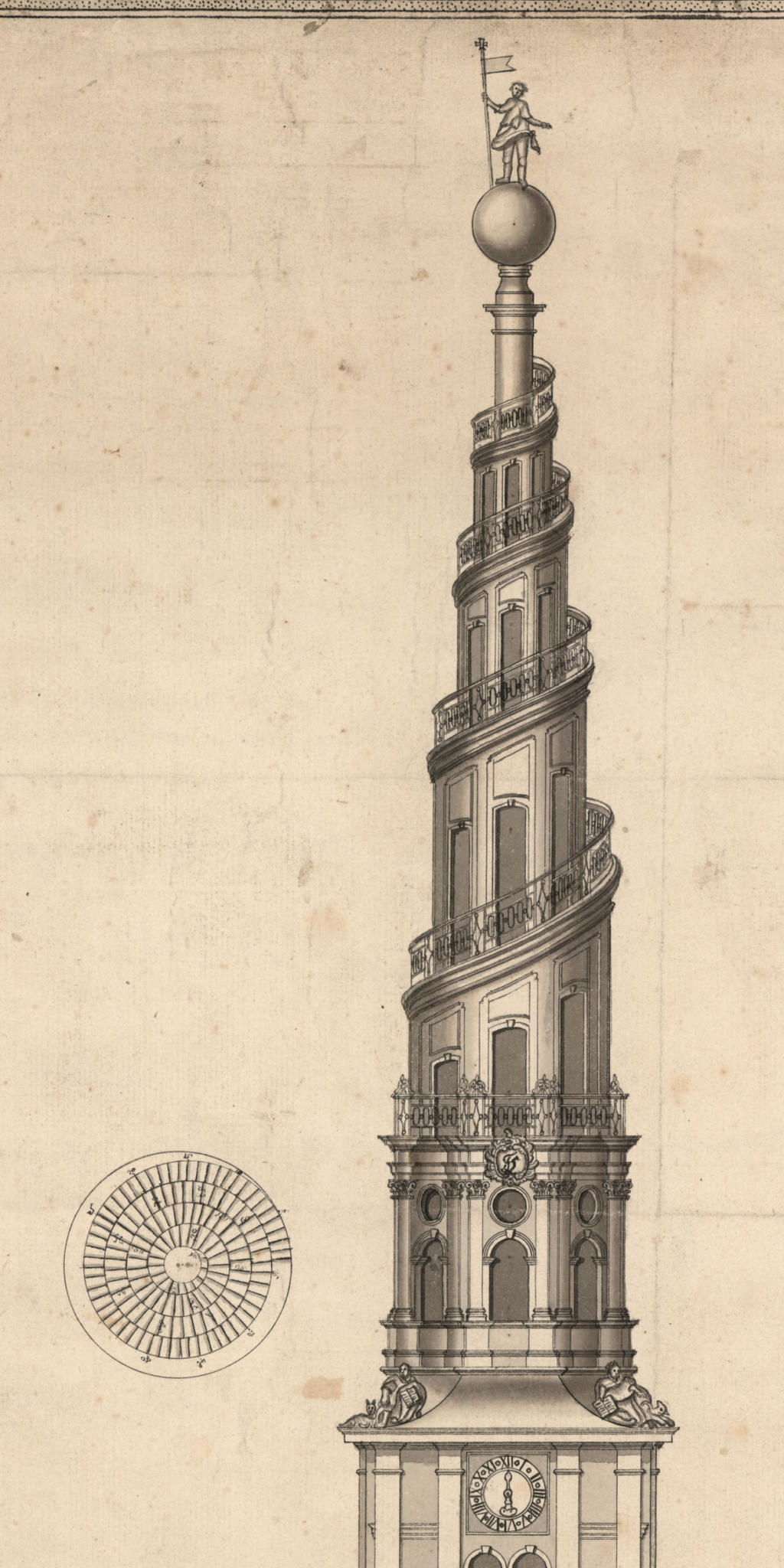 Historic measured elevation of the spiral spire of Vor Frelsers Kirke, with the exterior stair and a tread plan
