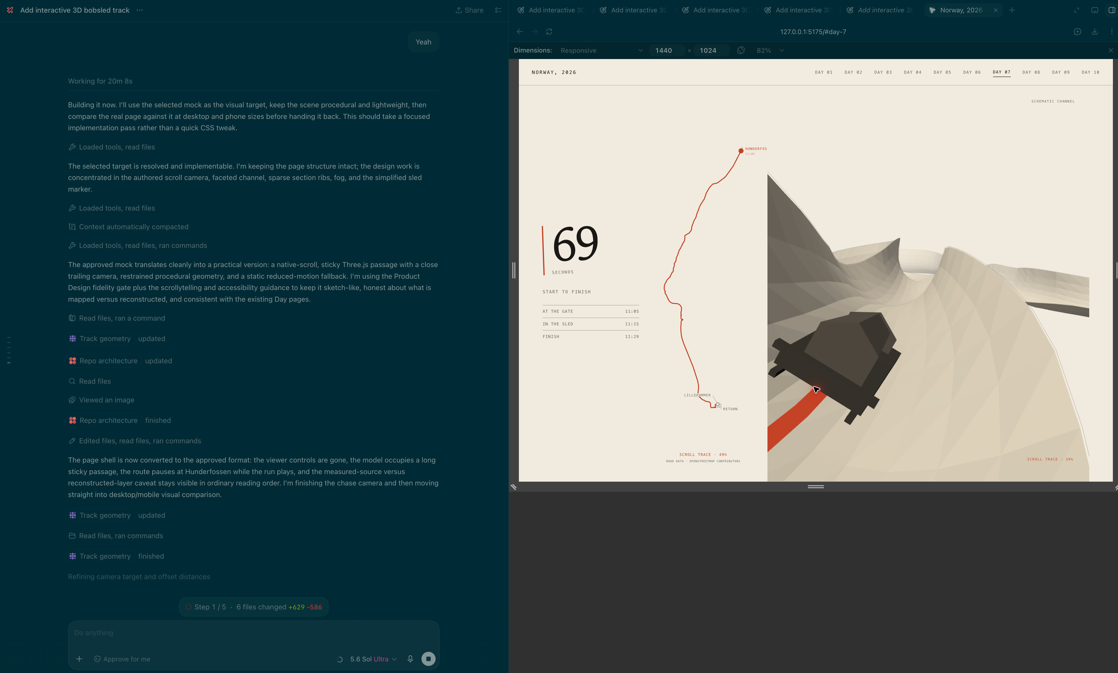 Screenshot of the Codex conversation beside an early working bobsleigh model
