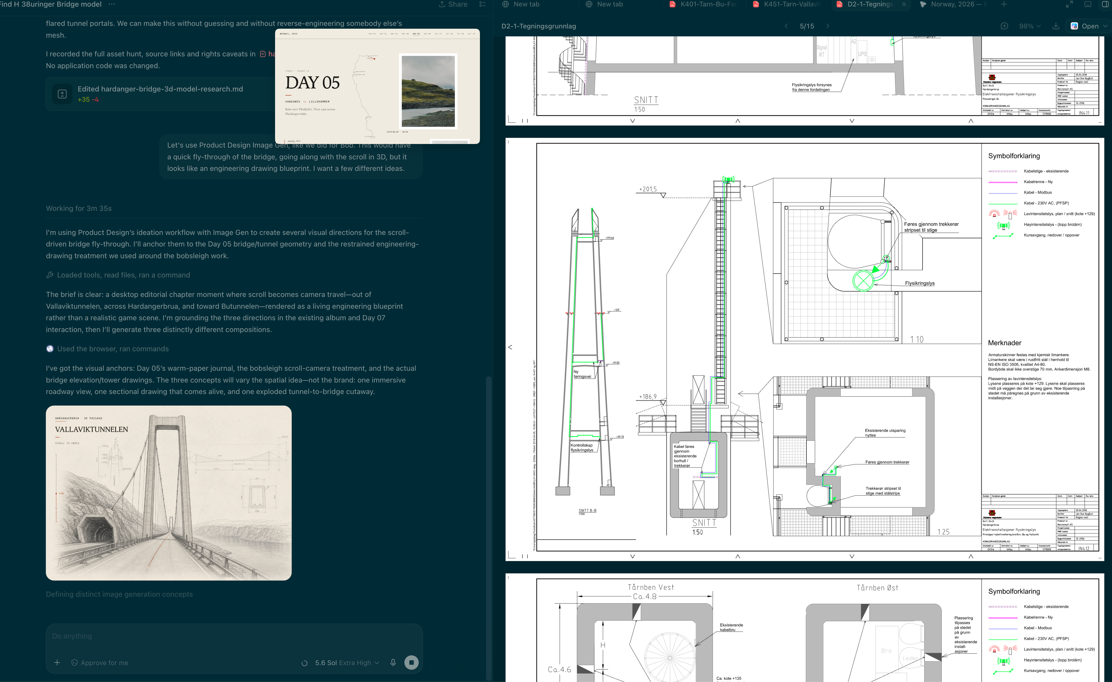 Screenshot of Codex researching Hardanger Bridge and generating a bridge concept, with official tower detail drawings open beside the conversation