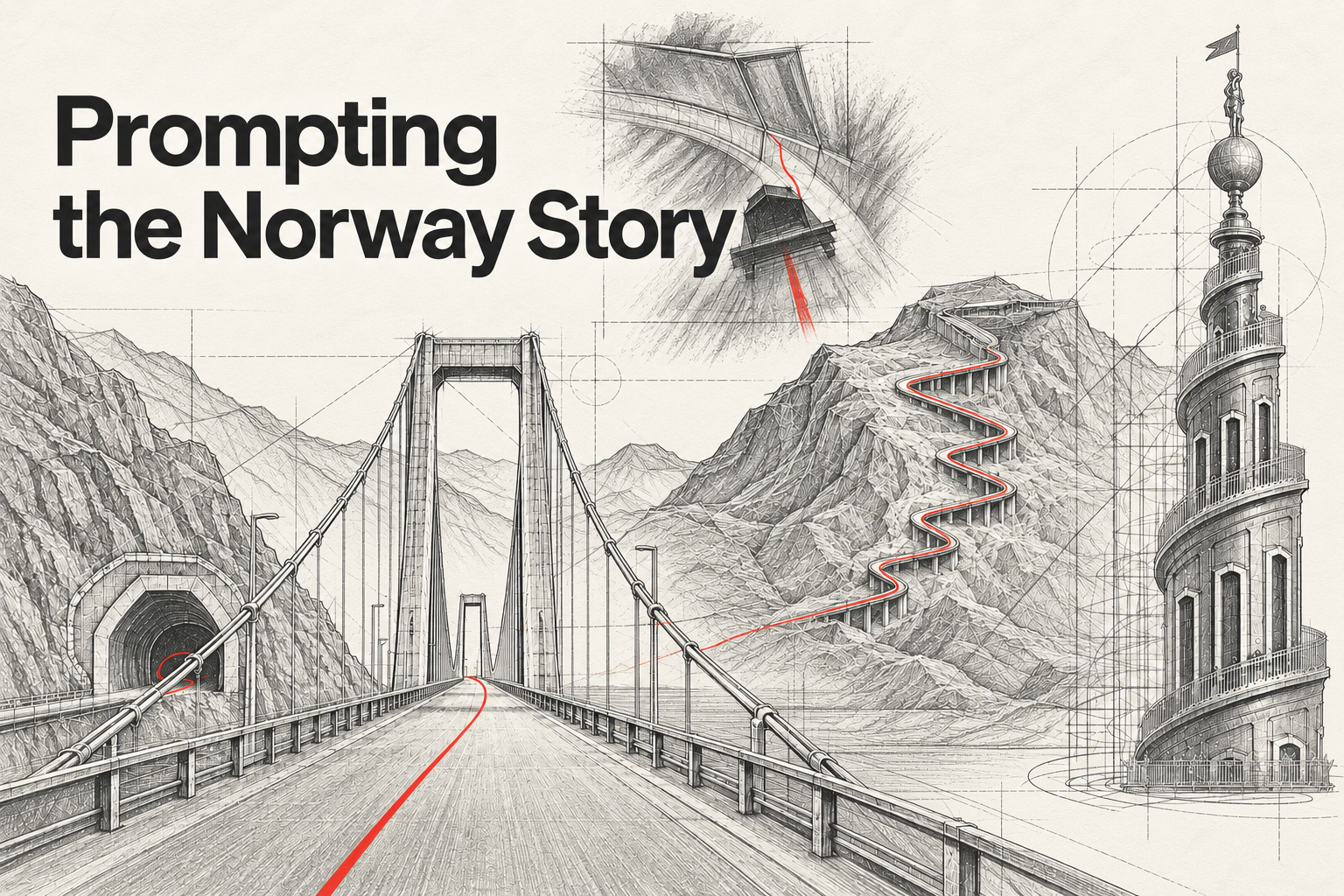 Prompting the Norway Story, with concept sketches of a suspension bridge, spiral tower, bobsled, and winding mountain road