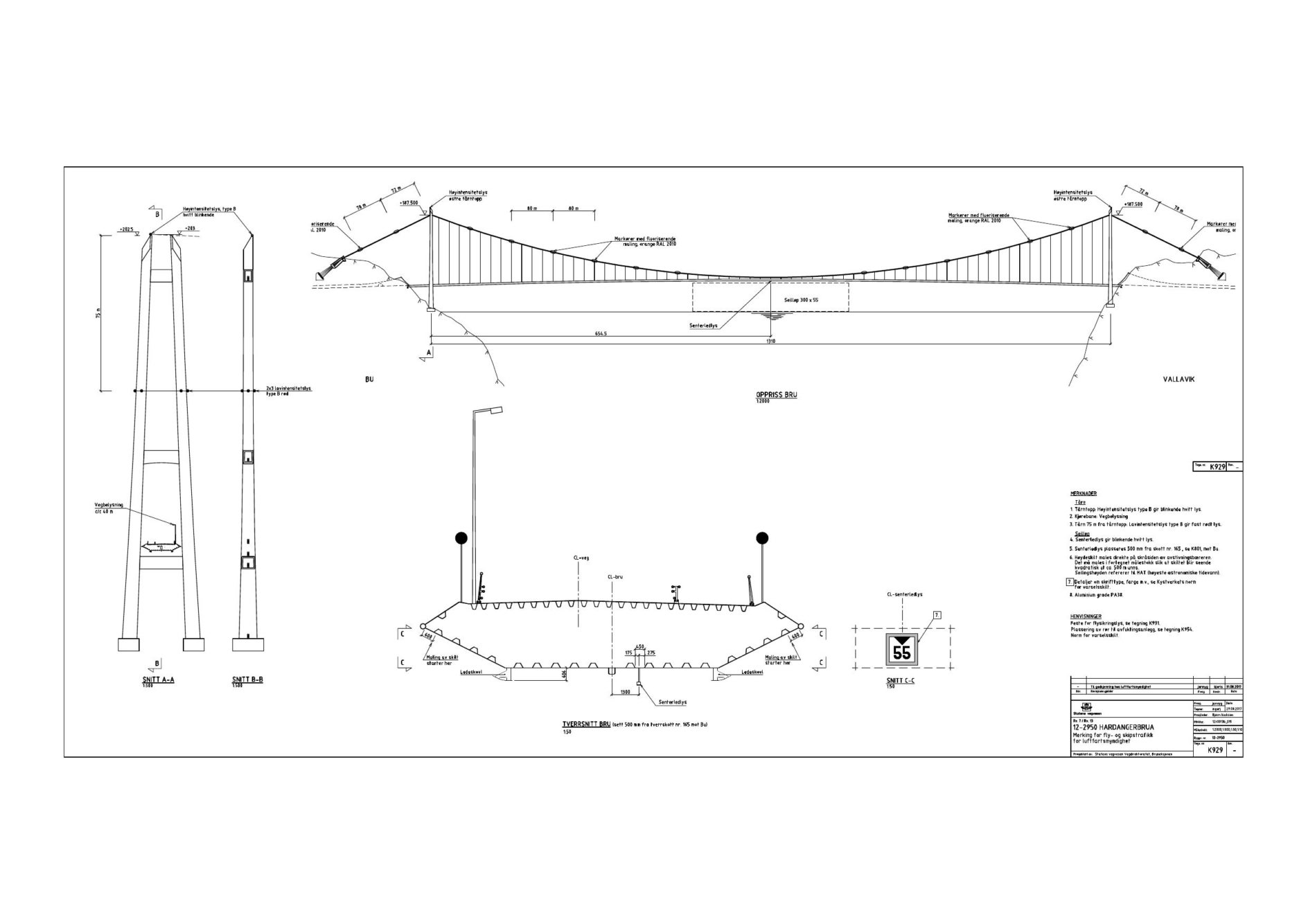 Hardanger Bridge drawing K929 showing the suspension span in elevation and a section through the road deck