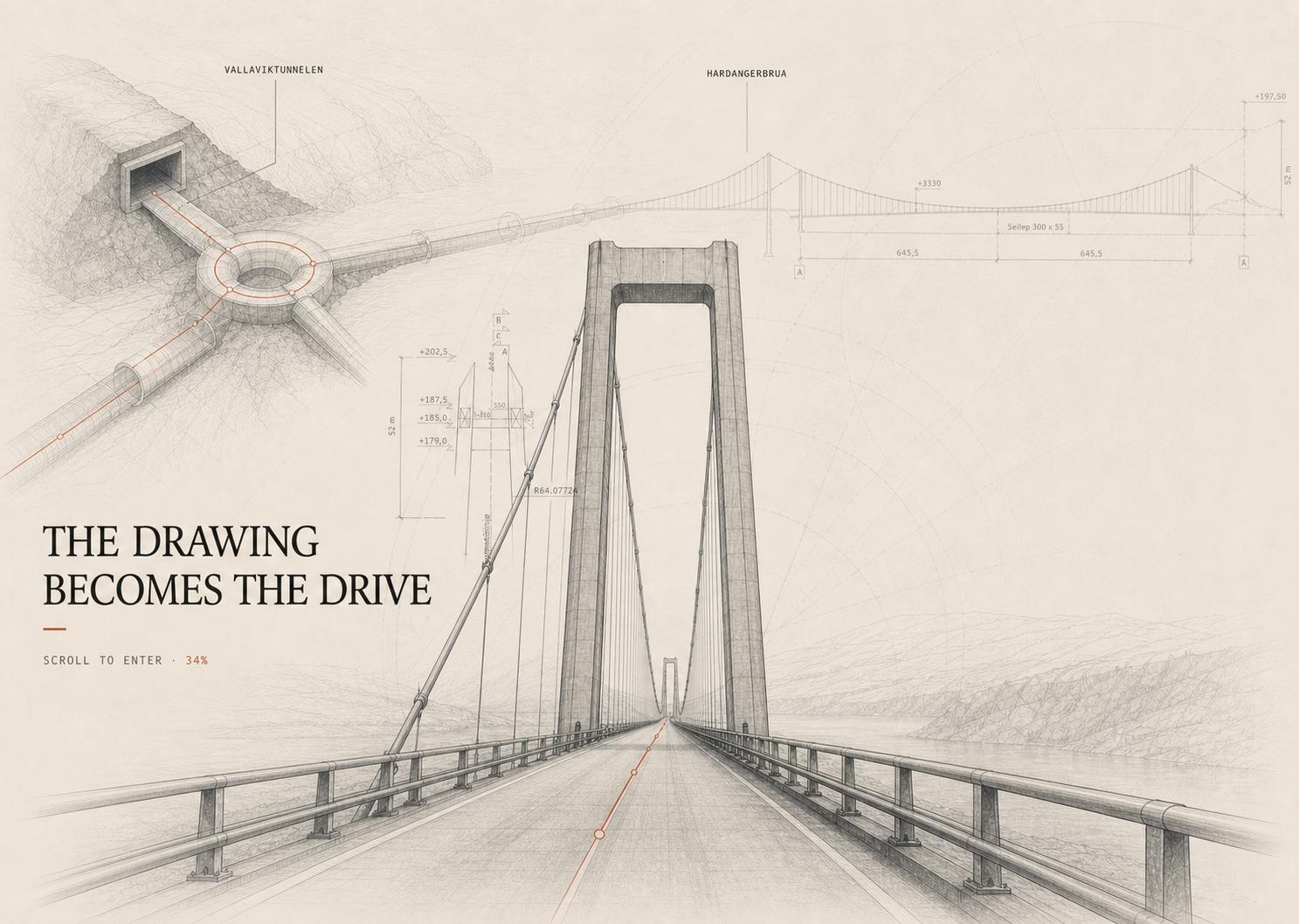 Generated bridge proposal combining a tunnel cutaway, engineering-style studies, and a view along the roadway