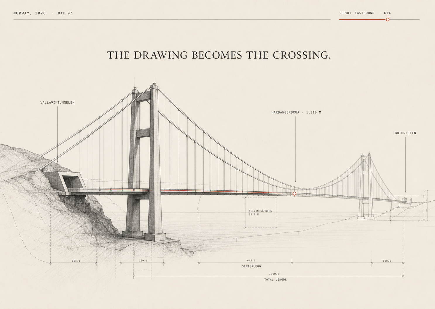 Generated side-view concept for Hardanger Bridge with pencil shading and dimension lines