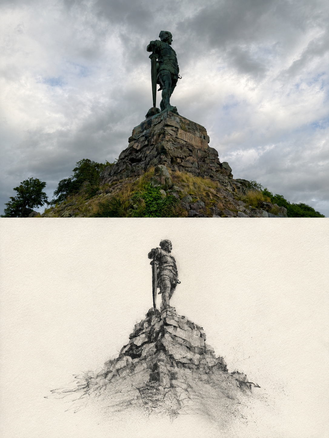 Generated pairing of a Fridtjov statue photograph and a pencil interpretation