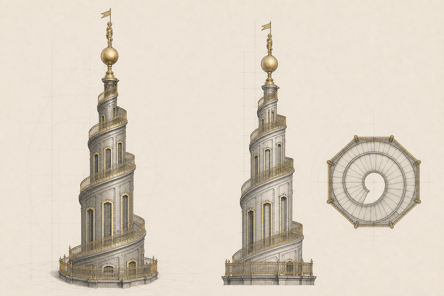 Generated three-view proportion study of the Copenhagen spire