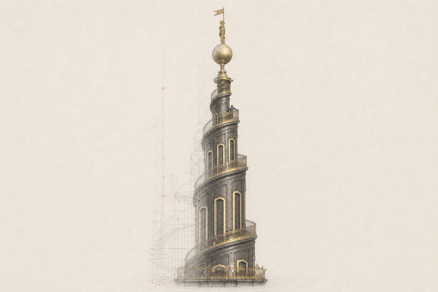 Generated sketch concept of the Copenhagen church tower, with pencil construction lines beside a shaded tower study