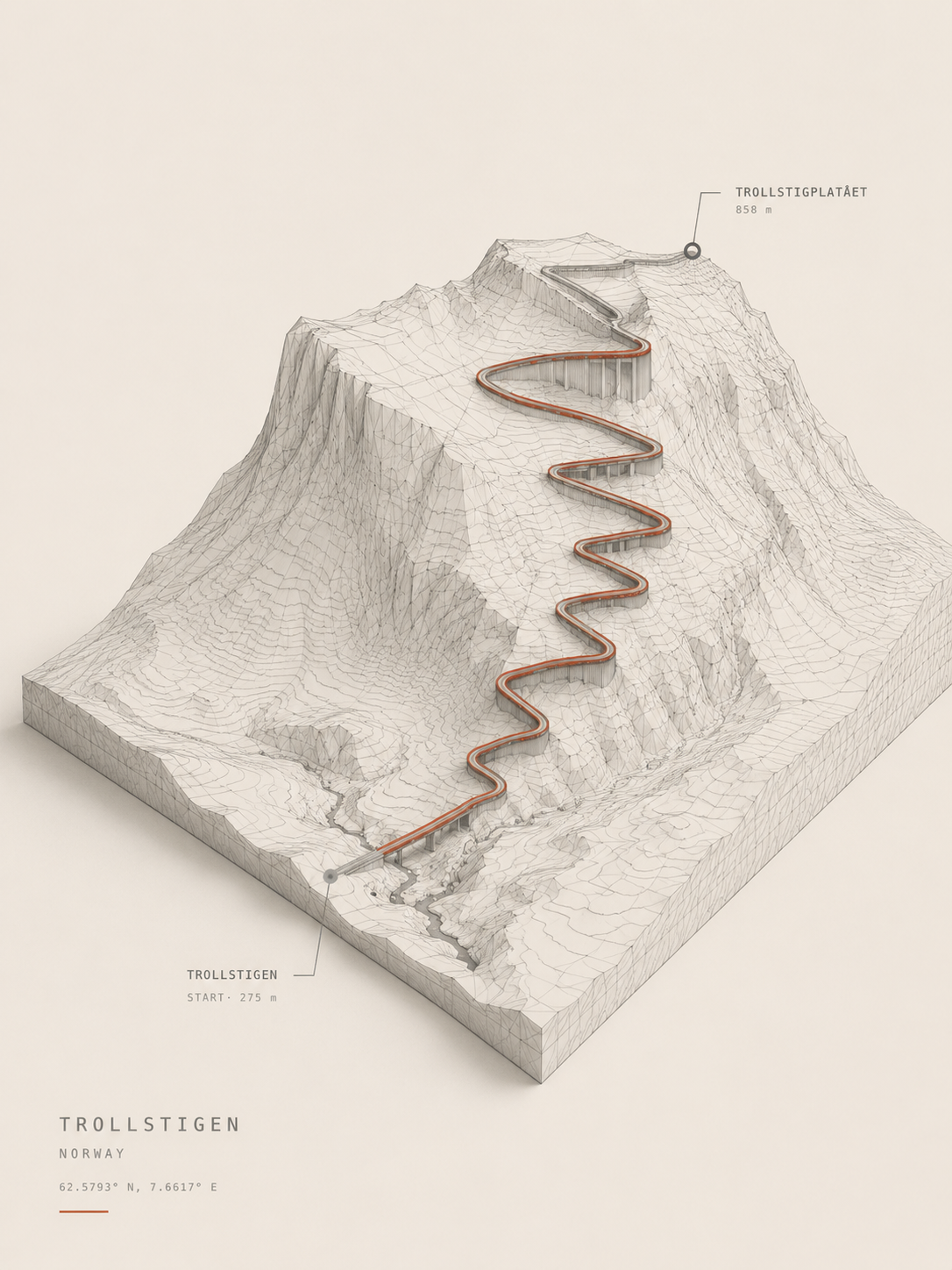 Generated terrain block with a red switchback road drawn over a mountain