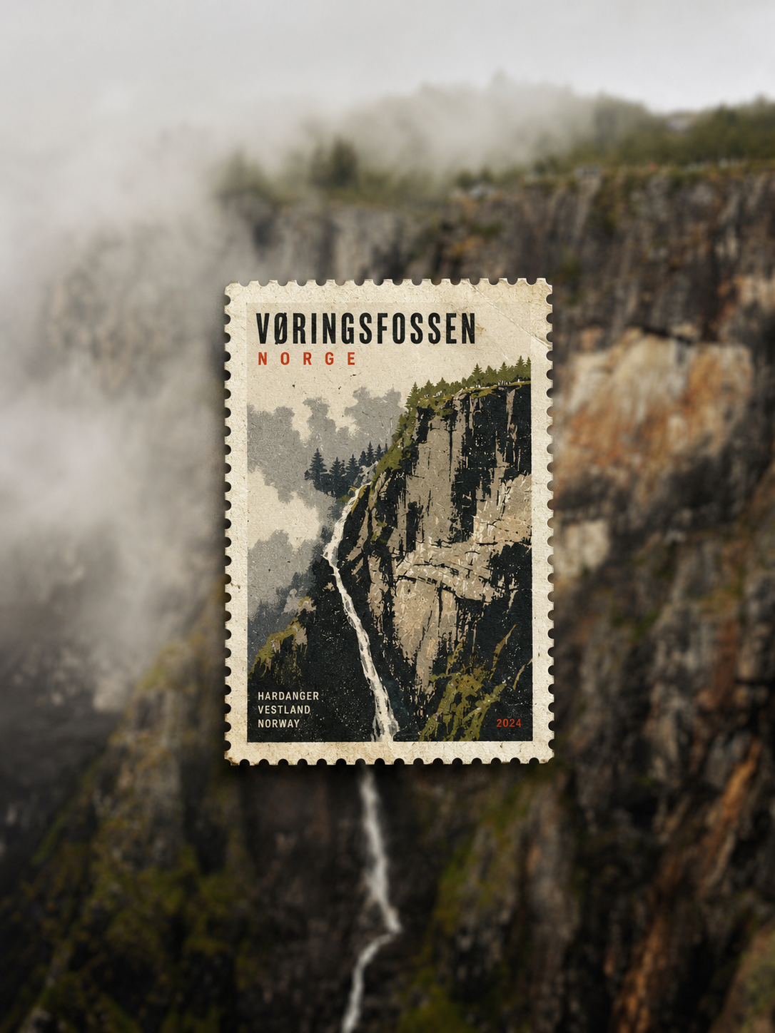 Generated waterfall photograph with a Norwegian postage-stamp treatment