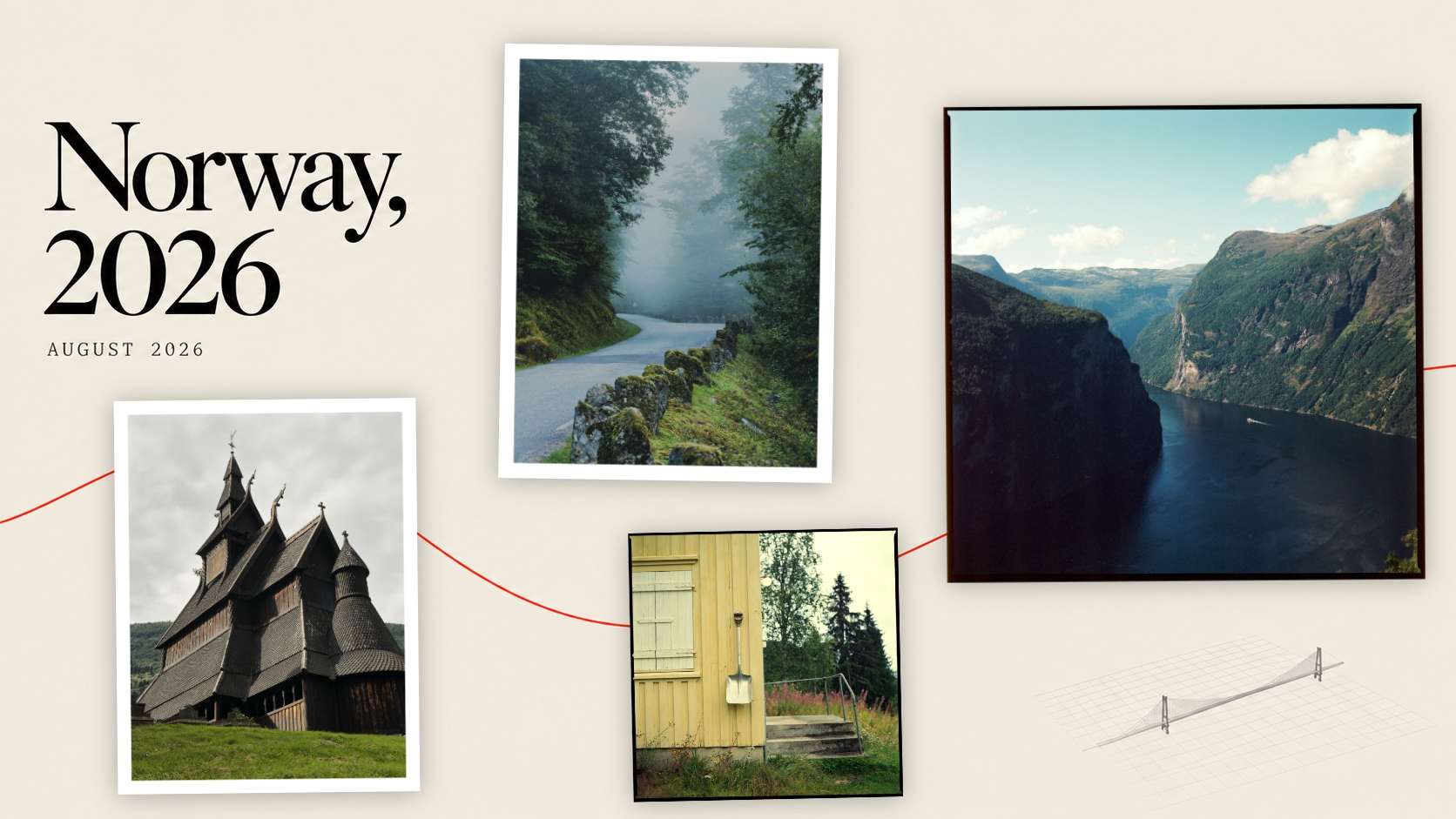 Norway, 2026 — a collage of a fjord, a misty road, a stave church, and a yellow farm building, with a red route line and a bridge drawing on ivory paper.