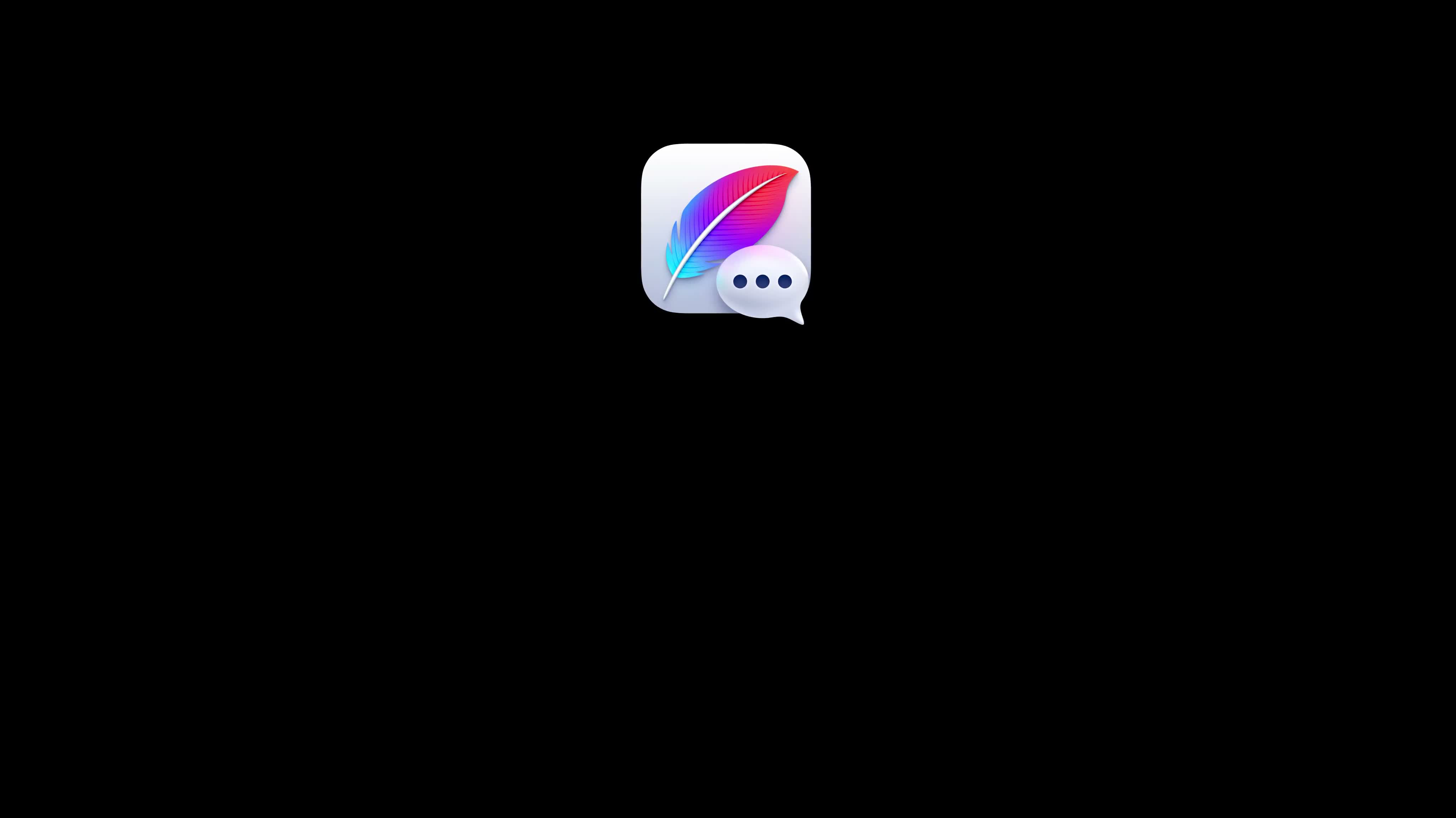 The Quill feather and speech bubble icon on black after flying into frame.
