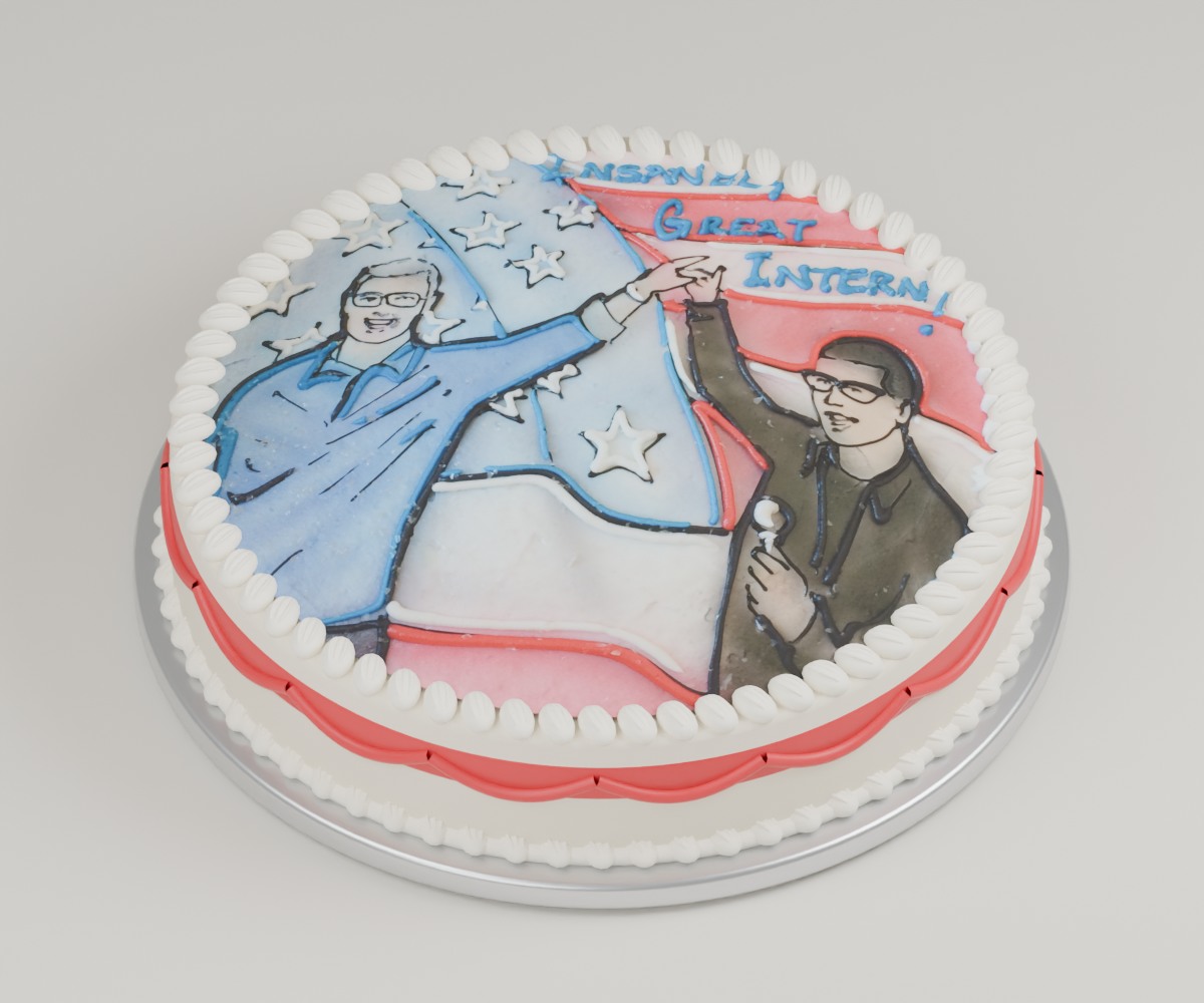 A 3D reconstruction of the round cake with white frosting, red piping, and the original Insanely Great Intern artwork.