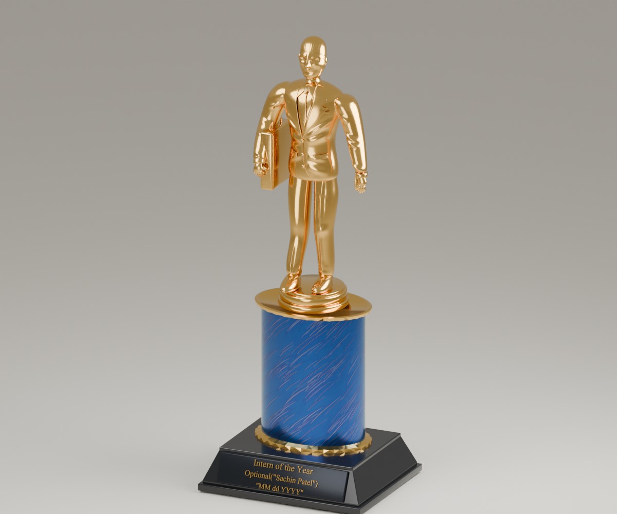 A 3D reconstruction of the gold Intern of the Year trophy, with a blue column, black base, and Sachin's engraving.